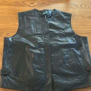 Harve Bernard Genuine Leather Vest‎ Black Button Front Pockets Biker Outerwear L
